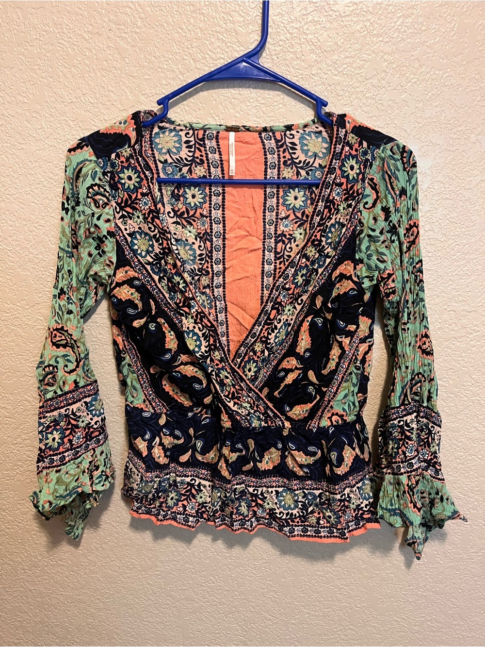 Free People Coral, Mint & Navy Floral Paisley Wrap Blouse